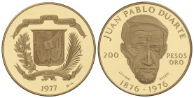 WORLD COINS: DOMINICAN REPUBLIC
200 Pesos Oro. 1977. 31,05 grs. AU (800). Centenario de la muerte de Juan Pablo Duarte. ESCASA. Fr-4; KM-47. Tirada: ...