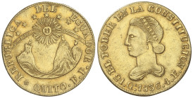 WORLD COINS: ECUADOR
4 Escudos. 1836. QUITO. F.P.-A. 13,42 grs. AU. La ´A´ del ensayador diminuta en el drapeado del busto. (Golpecito en canto). RAR...