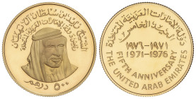 WORLD COINS: UNITED ARAB EMIRATES
500 Dirhams. 1976. Anv.: Sheik Zayed bin Sultan al Nahyan. 20,05 grs. AU. ESCASA. Fr-2, KM-12. PROOF.