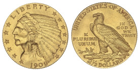 WORLD COINS: UNITED STATES
2-1/2 Dollars. 1909. 4,16 grs. AU. Indian Head. Fr-120; KM-128. EBC-.