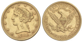 WORLD COINS: UNITED STATES
5 Dollars. 1880. 8,33 grs. AU. Coronet Head. Pequeñas rayitas. Fr-143, KM-101. EBC-.