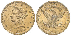 WORLD COINS: UNITED STATES
10 Dollars. 1899. Encapsulada por NGC MS62 (n. 6640260-033). AU. Coronet Head. Brillo original. Fr-158, KM-102. EBC.