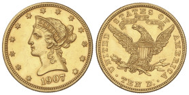 WORLD COINS: UNITED STATES
10 Dollars. 1907. 16,69 grs. AU. Coronet Head. (Leves golpecitos). Brillo original. Fr-158; KM-102. EBC.