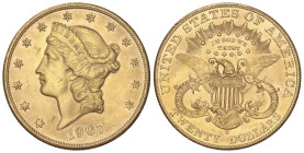 WORLD COINS: UNITED STATES
20 Dollars. 1907-S. SAN FRANCISCO. 33,41 grs. AU. Liberty Head. (Leves golpecitos y rayitas). Fr-178; KM-74.3. EBC.