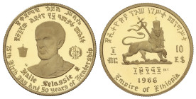 WORLD COINS: ETHIOPIA
10 Dollars. 1966. 4,11 grs. AU. Haile Selassie. Fr-34, KM-38. PROOF.