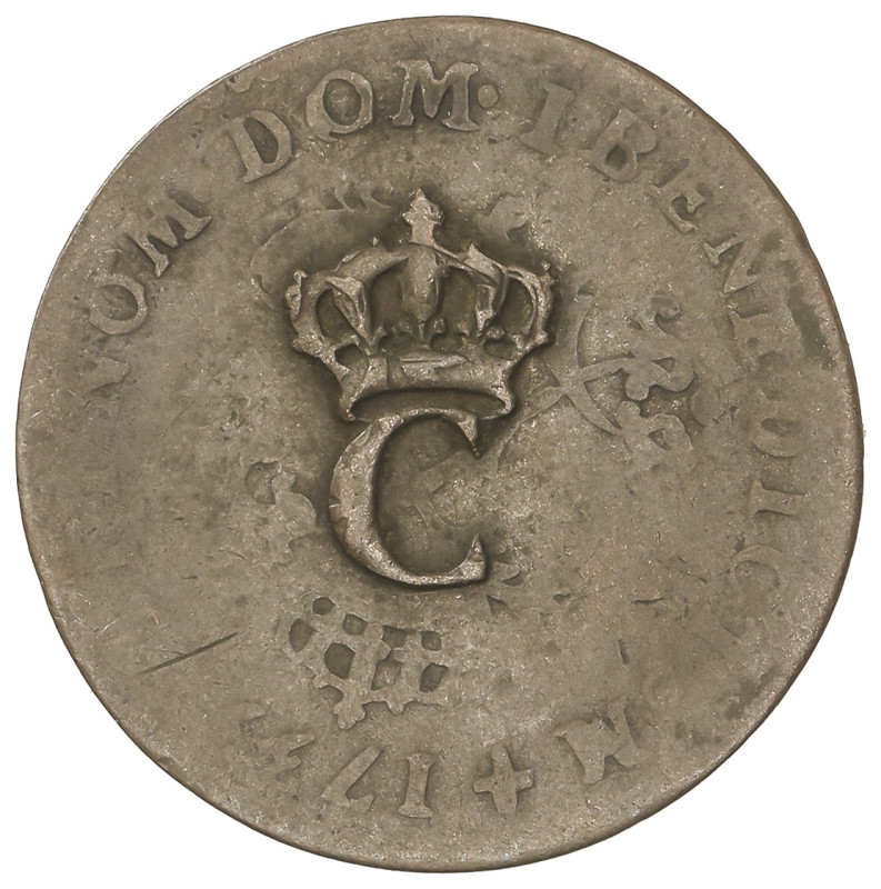 WORLD COINS: FRENCH COLONIES
Stampee. (1779). 1,82 grs. AE. Contramarca C coron...