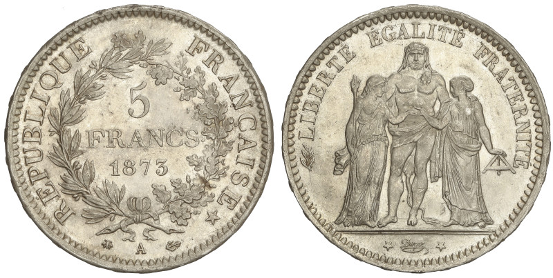 WORLD COINS: FRANCE
5 Francs. 1873-A. PARIS. 24,95 grs. AR. Grupo Hércules. Bri...