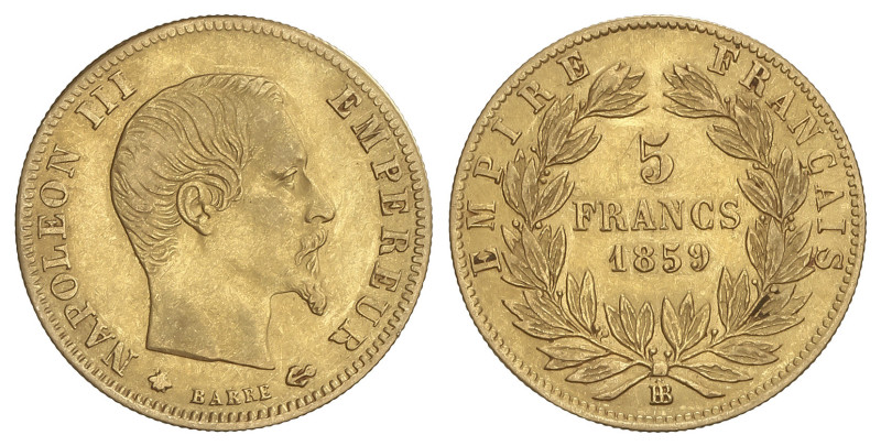 WORLD COINS: FRANCE
5 Francs. 1859-BB. NAPOLEÓN III. STRASBOURG. 1,6 grs. AU. F...