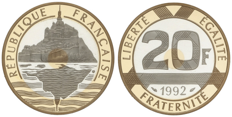 WORLD COINS: FRANCE
20 Francs. 1992. 12,64 grs. AU+AR+CuNi. Mont Saint-Michel e...