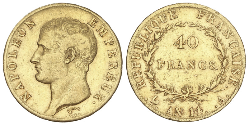 WORLD COINS: FRANCE
40 Francs. An 14-A (1805). NAPOLEON EMPEREUR. PARIS. 12,82 ...