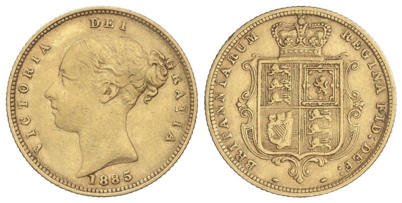 WORLD COINS: GREAT BRITAIN
1/2 Sovereign. 1885. VICTORIA. Rev.: Escudo. 3,96 gr...