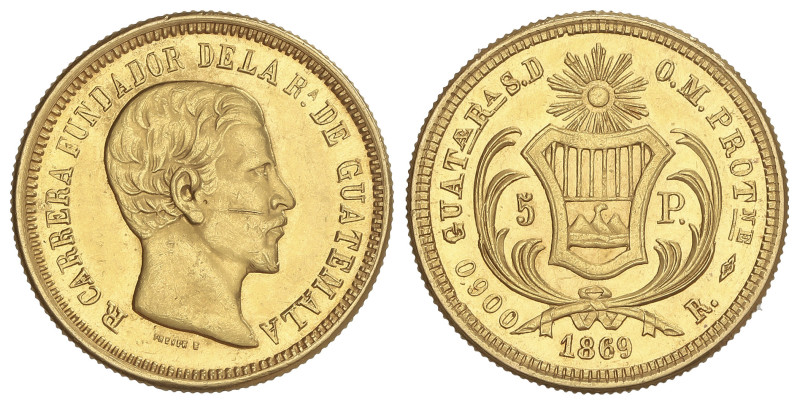 WORLD COINS: GUATEMALA
5 Pesos. 1869. 8,06 grs. AU. Rafael Carrera. (Raya en me...