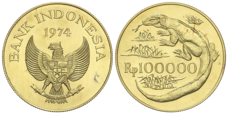 WORLD COINS: INDONESIA
100, 000 Rupiah. 1974. Anv.: Dragón de Komodo. 33,49 grs...