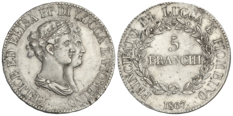 WORLD COINS: ITALIAN STATES
5 Franchi. 1807. FELICE y ELISA BONAPARTE. LUCCA E ...