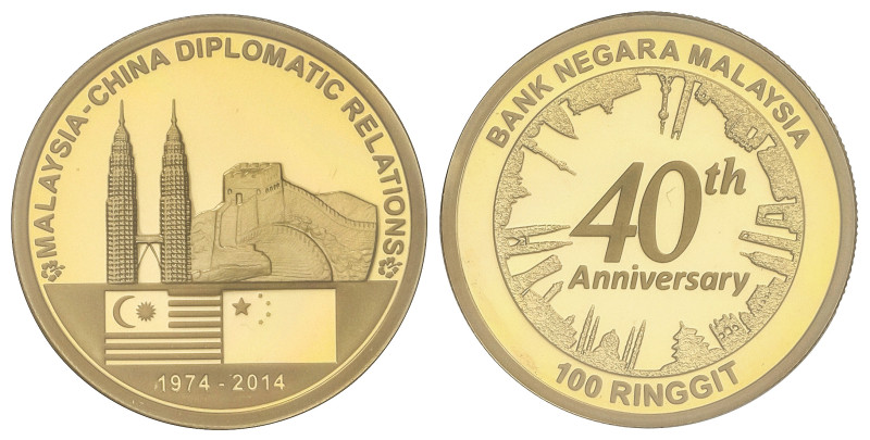 WORLD COINS: MALAYSIA
100 Ringgit. 2014. 7,96 grs. AU. 40 Aniversario relacione...