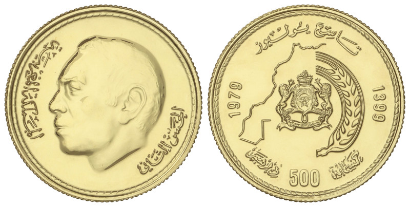 WORLD COINS: MOROCCO
500 Dirhams. 1399 d.H.-1979. HASSAN II. 13,01 grs. AU (900...