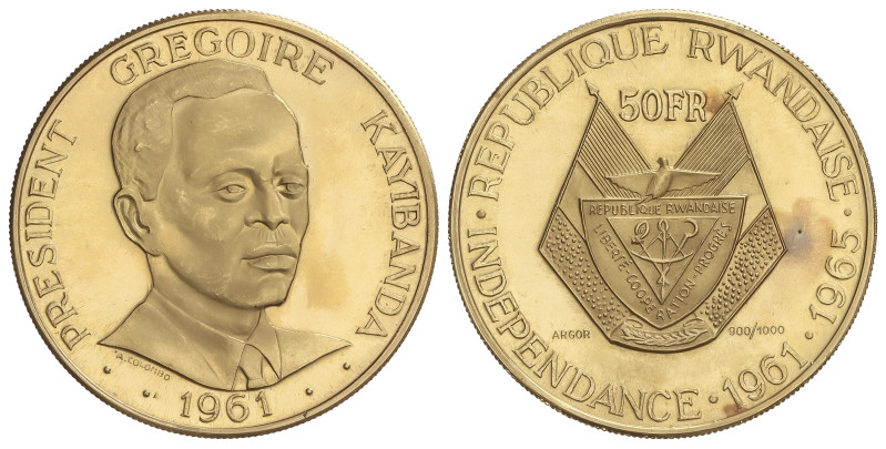 WORLD COINS: RWANDA
50 Francs. 1965. 15 grs. AU (900). V Aniversario Independen...