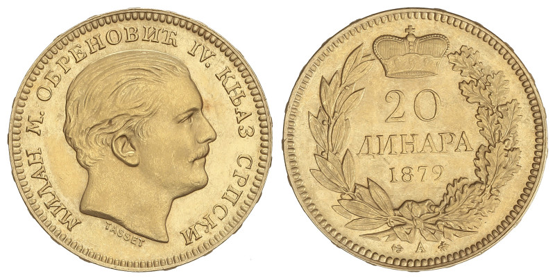 WORLD COINS: SERBIA
20 Dinara. 1879-A. MILAN I. 6,44 grs. AU. ESCASA. Fr-3, KM-...