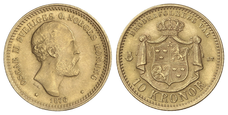 WORLD COINS: SWEDEN
10 Kronor. 1876-ST. OSCAR II. 4,47 grs. AU. Fr-94, KM-732. ...