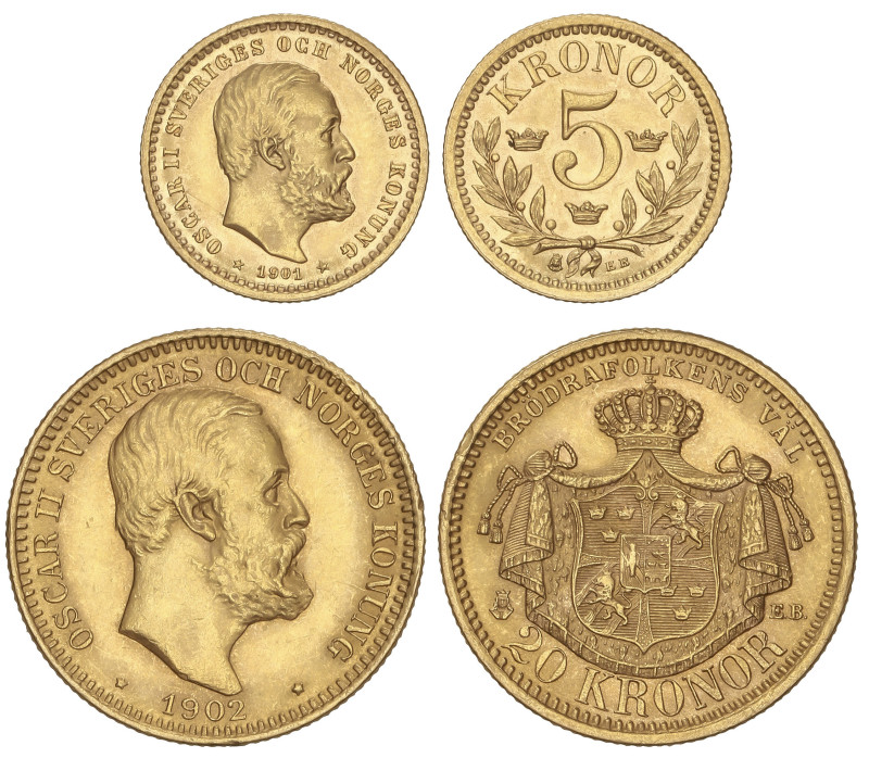 WORLD COINS: SWEDEN
Lote 2 monedas 5 y 20 Kronor. 1901-EB y 1902-EB. OSCAR II. ...