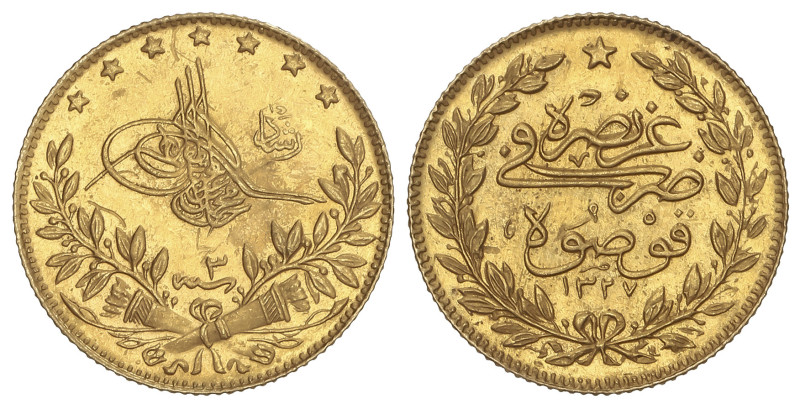 WORLD COINS: TURKEY
50 Kurush. 1327/3AH (1911). MUHAMMAD V. KOSOVO. 3,6 grs. AU...