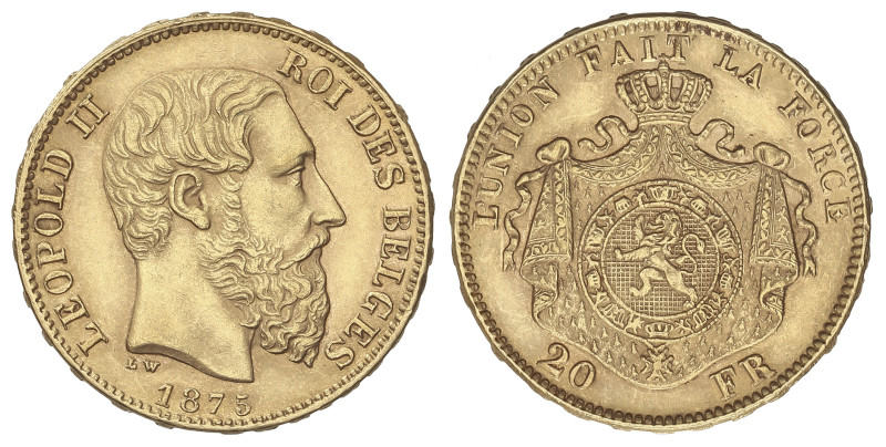 WORLD COINS: BELGIUM
20 Francs. 1875. LEOPOLD II. 6,43 grs. AU (900). Fr-412, K...