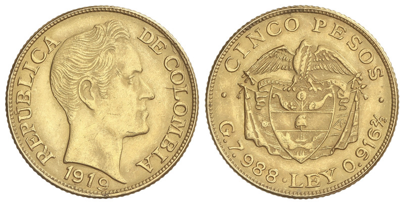 WORLD COINS: COLOMBIA
5 Pesos. 1919. 7,98 grs. AU (917). Simón Bolivar. Fr-113,...