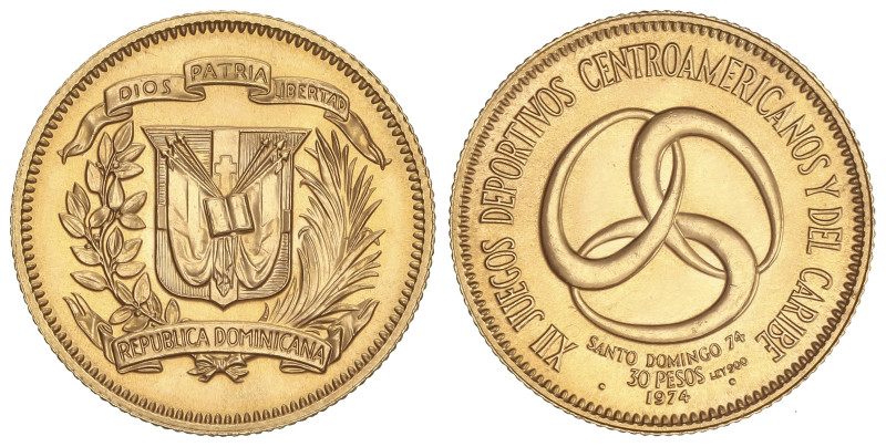 WORLD COINS: DOMINICAN REPUBLIC
30 Pesos. 1974. 11,77 grs. AU (900). XII Juegos...