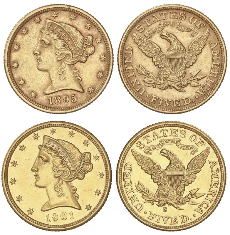 WORLD COINS: UNITED STATES
Lote 2 monedas 5 Dollars. 1895 y 1901. Peso total de...