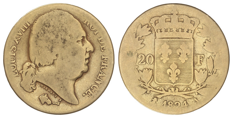 WORLD COINS: FRANCE
20 Francs. 1824-A. LOUIS XVIII. PARÍS. 6,04 grs. AU (900). ...