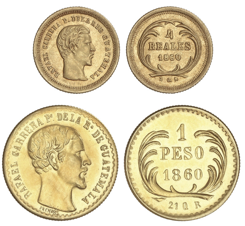 WORLD COINS: GUATEMALA
Lote 2 monedas 4 Reales y 1 Peso. 1860. 0,84 y 1,26 grs....