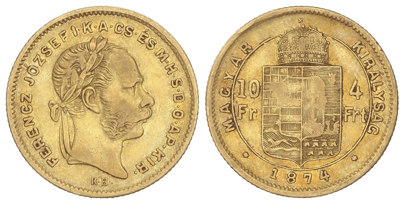 WORLD COINS: HUNGARY
4 Forint-10 Francs. 1874-KB. FRANZ JOSEPH I. KREMNITZ. 3,1...