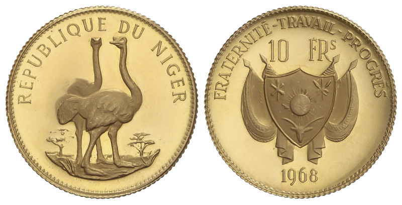 WORLD COINS: NIGER
10 Francs. 1968. 3,07 grs. AU (900). Avestruces. ESCASA. Fr-...