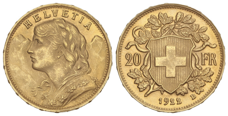 WORLD COINS: SWITZERLAND
20 Francs. 1922-B. BERNA. 6,5 grs. AU (900). Helvetia....