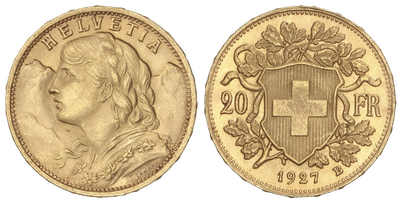 WORLD COINS: SWITZERLAND
20 Francs. 1927-B. BERNA. 6,45 grs. AU (900). Helvetia...