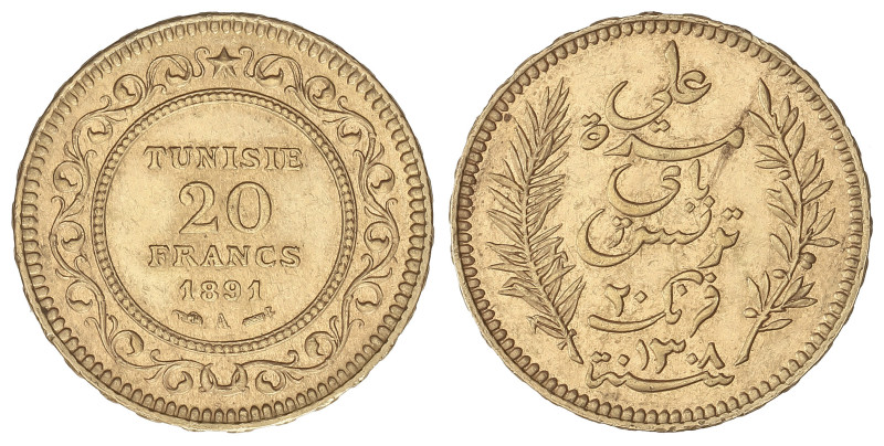 WORLD COINS: TUNISIA
20 Francs. AH1308-1891A. PROTECTORADO FRANCÉS. PARÍS. 6,43...