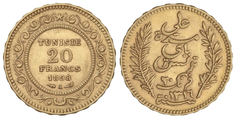 WORLD COINS: TUNISIA
20 Francs. AH1316-1898A. PROTECTORADO FRANCÉS. PARÍS. 6,42...