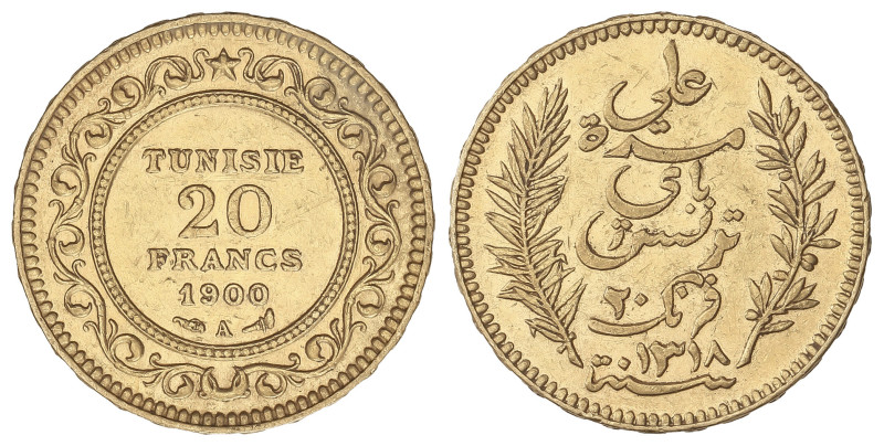 WORLD COINS: TUNISIA
20 Francs. AH1318-1900A. PROTECTORADO FRANCÉS. PARÍS. 6,42...