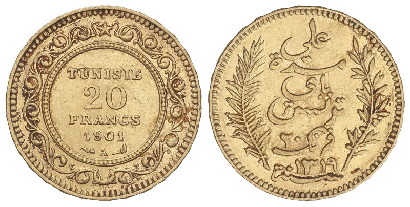 WORLD COINS: TUNISIA
20 Francs. AH1319-1901A. PROTECTORADO FRANCÉS. PARÍS. 6,42...