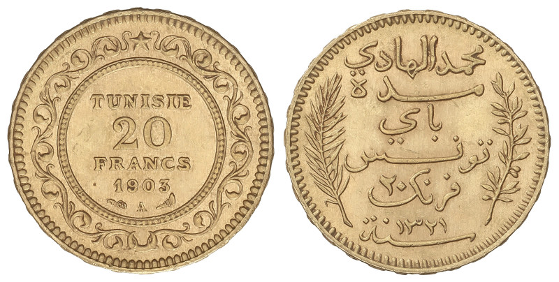 WORLD COINS: TUNISIA
20 Francs. AH1321-1903A. PROTECTORADO FRANCÉS. PARÍS. 6,43...