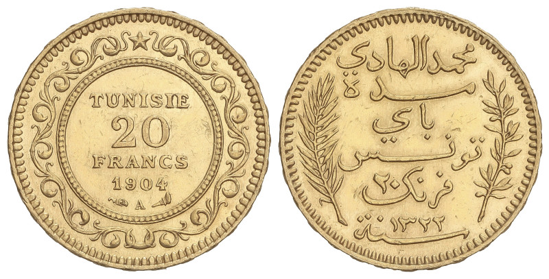WORLD COINS: TUNISIA
20 Francs. AH1322-1904A. PROTECTORADO FRANCÉS. PARÍS. 6,43...