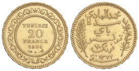 WORLD COINS: TUNISIA
20 Francs. AH1322-1904A. PROTECTORADO FRANCÉS. PARÍS. 6,43 grs. AU (917). Fr-12, KM-234. EBC-.