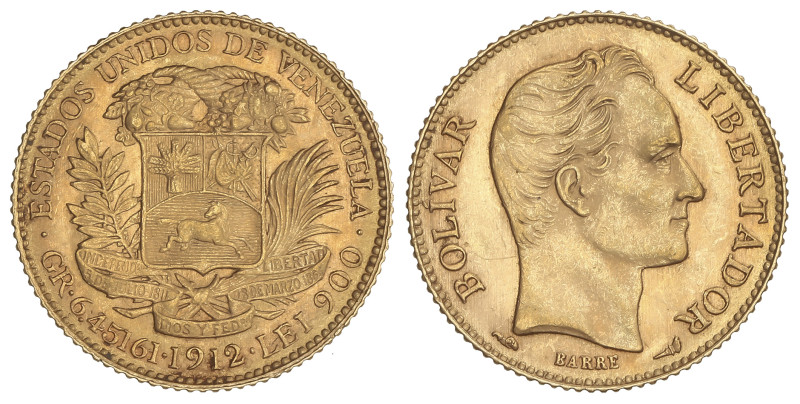 WORLD COINS: VENEZUELA
20 Bolívares. 1912. 6,43 grs. AU (900). Simón Bolívar. F...