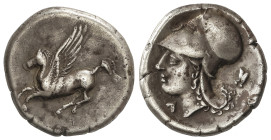 GREEK COINS
Estátera. 350/45-285 a.C. CORINTO. Anv.: Pegaso volando a izquierda. Rev.: Cabeza de Atenea con casco corintio a izquierda, delante A y d...