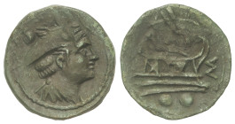 ROMAN COINS: ROMAN REPUBLIC
Sextans. 210 a.C. MANLIA. P. Manlius Vulso (serie MA). SARDINIA. Anv.: Cabeza de Mercurio a derecha, con petaso alado; • ...