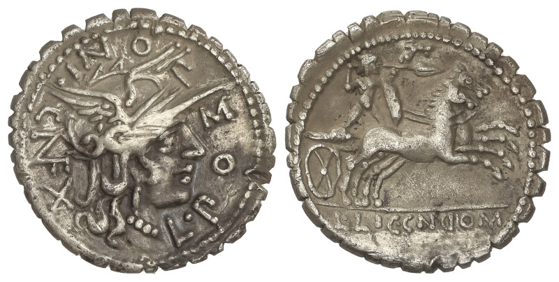 ROMAN COINS: ROMAN REPUBLIC
Denario. 118 a.C. POMPONIA. L. Pomponius Cn.f. NARB...