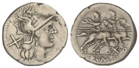 ROMAN COINS: ROMAN REPUBLIC
Denario. 189-180 a.C. QUINCTILIA. Sex. Quinctilius. Anv.: Cabeza de Roma a derecha, detrás X. Rev.: Dioscuros a caballo a...