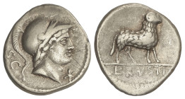 ROMAN COINS: ROMAN REPUBLIC
Denario. 76 a.C. RUSTIA. L. Rustius. Anv.: Cabeza de Marte a derecha entre SC y *. Rev.: Macho cabrío a derecha. En exerg...