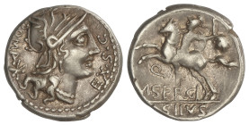 ROMAN COINS: ROMAN REPUBLIC
Denario. 116-115 a.C. SERGIA. M. Sergius Silus. Anv.: Cabeza de Roma a derecha, detrás ROMA, delante EX S.C. Rev.: Jinete...
