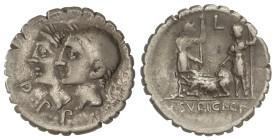 ROMAN COINS: ROMAN REPUBLIC
Denario. 106 a.C. SULPICIA. C. Sulpicius C.f. Anv.: Cabezas laureadas y yuxtapuestas de los dioses Penates a izquierda, d...
